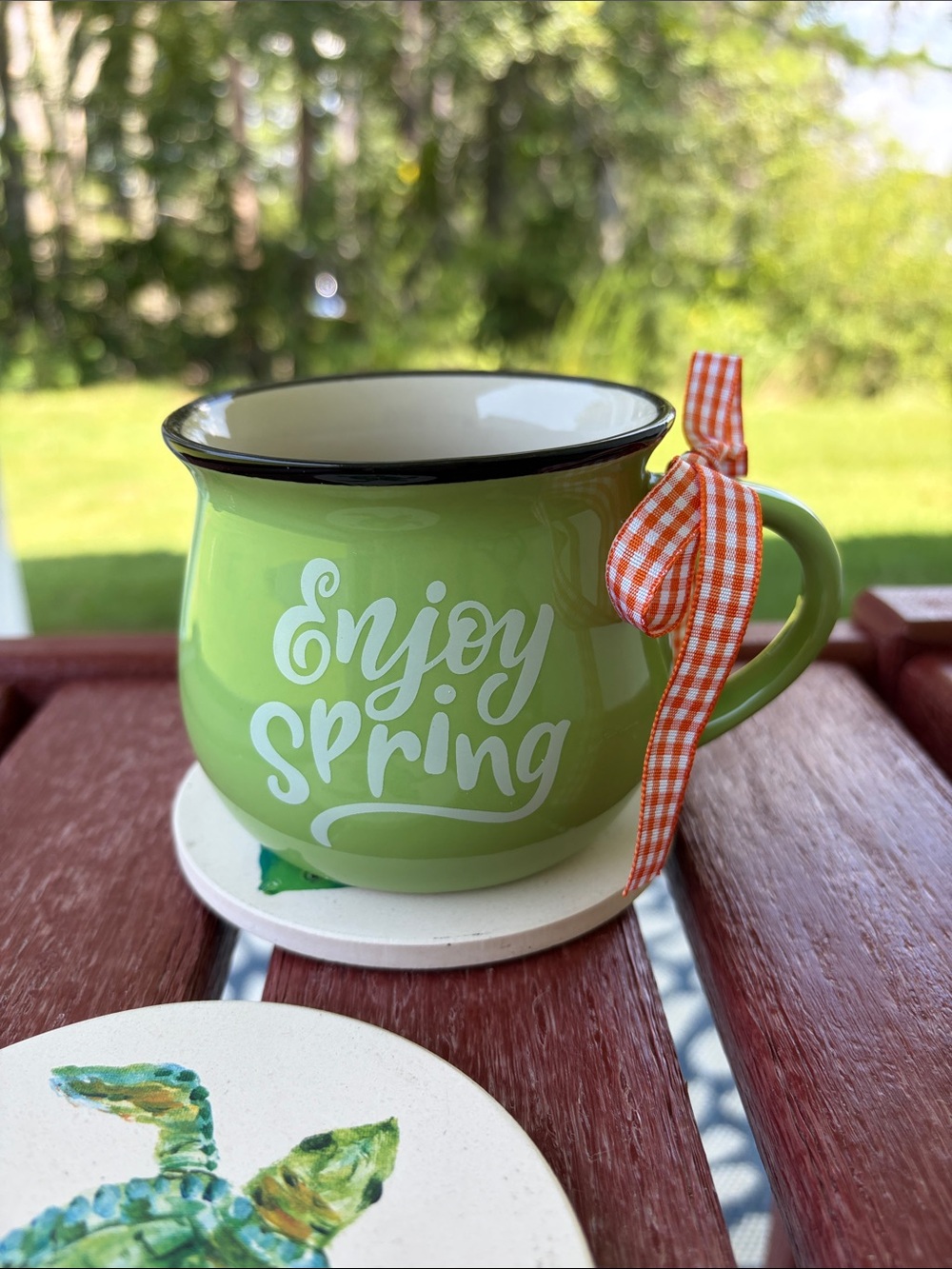 Bright Green 'Enjoy Spring' Ceramic Mug with Orange Gingham Accent